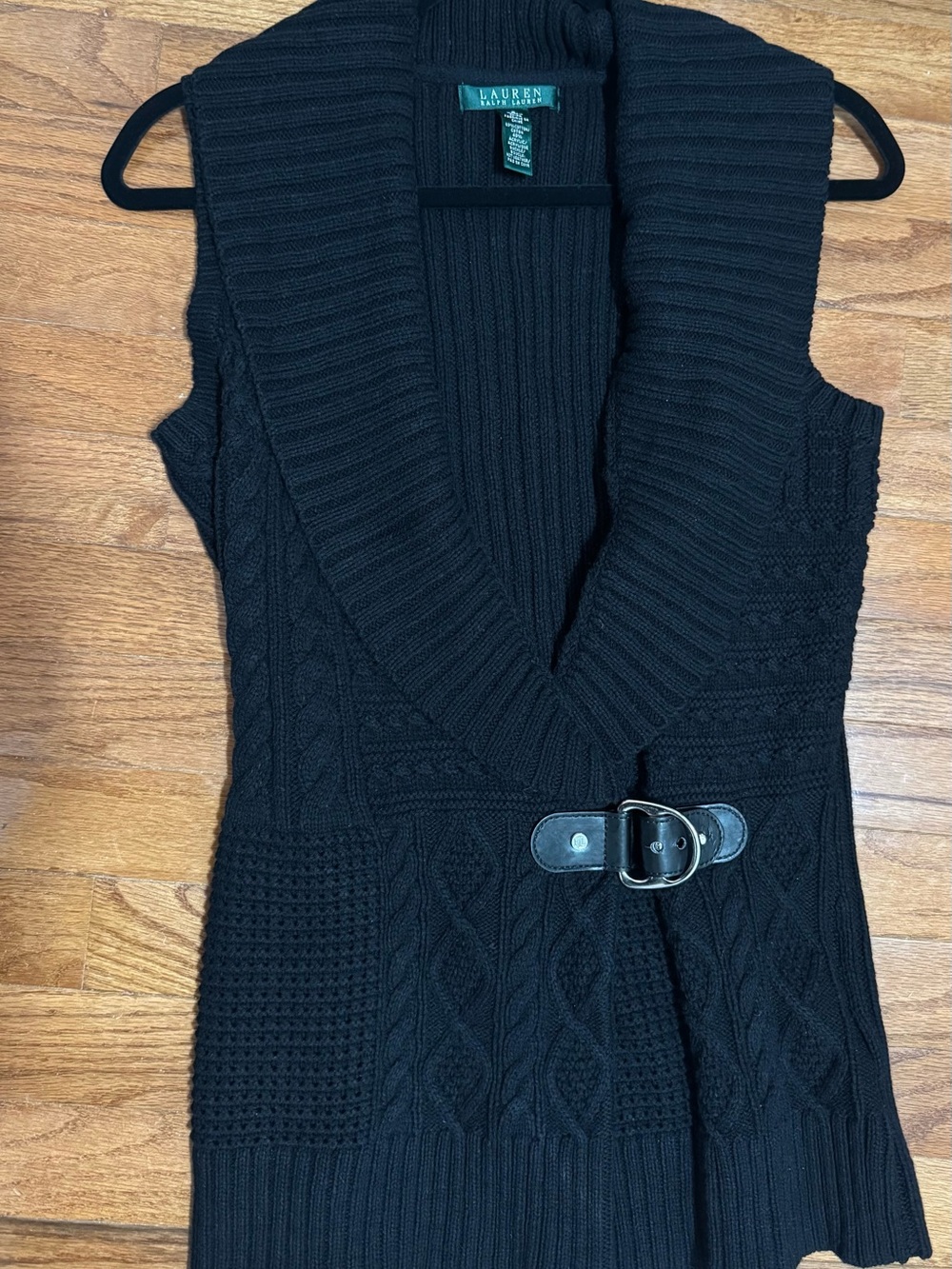 Lauren Ralph Lauren Black Cable-Knit Sleeveless Cardigan Vest with Buckle
